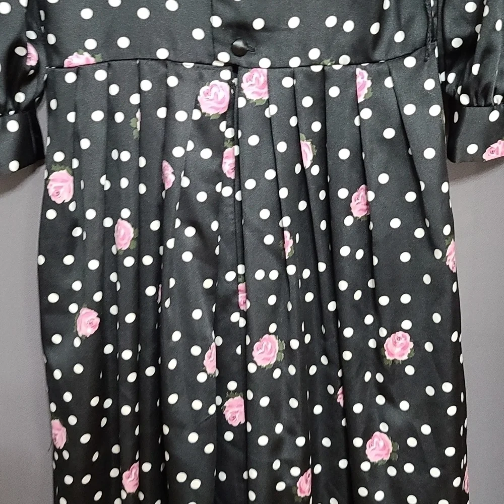VTG‎ Petite Lanz USA Dress Black W/White Polka-dots/Pink Roses Pockets Sz 2 READ